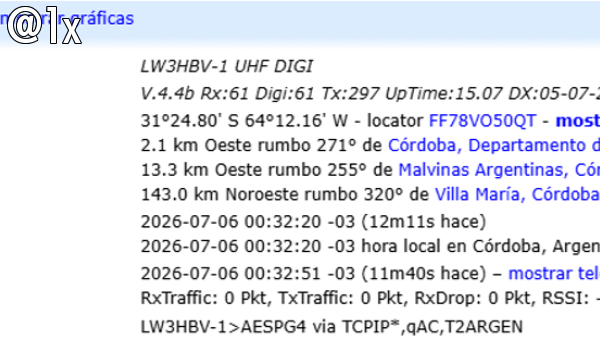 APRS en UHF crece en C&oacute;rdoba: LW3HBV-1: &uacute;nico digi AX.25 activo