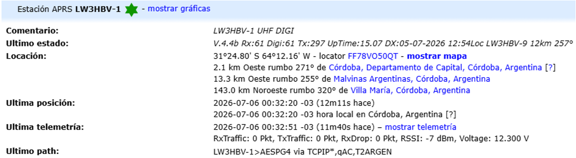 APRS en UHF crece en C&oacute;rdoba: LW3HBV-1: &uacute;nico digi AX.25 activo